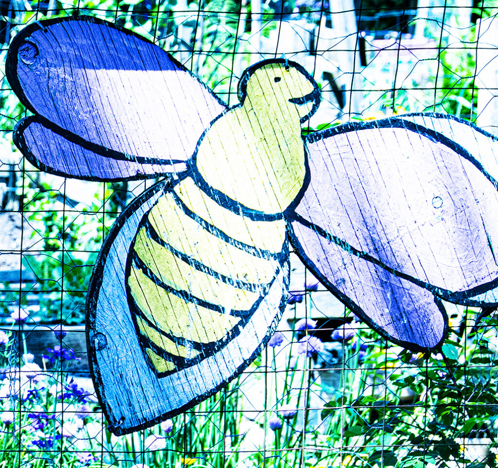 Photo of large children's butterfly construction along the front fence of Wall Street Community Garden.