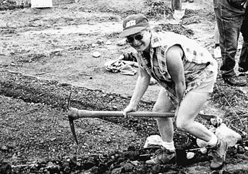 Photo of garden co-founder Jan helping to build the Wall Street Community Garden, spring 2000.
