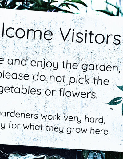 Photo of sign welcoming visitors to Wall Street Community Garden, Vancouver.