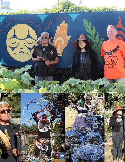 Photo of the dedication of the Indigenous mural, Wall Street Community Garden, Vancouver.